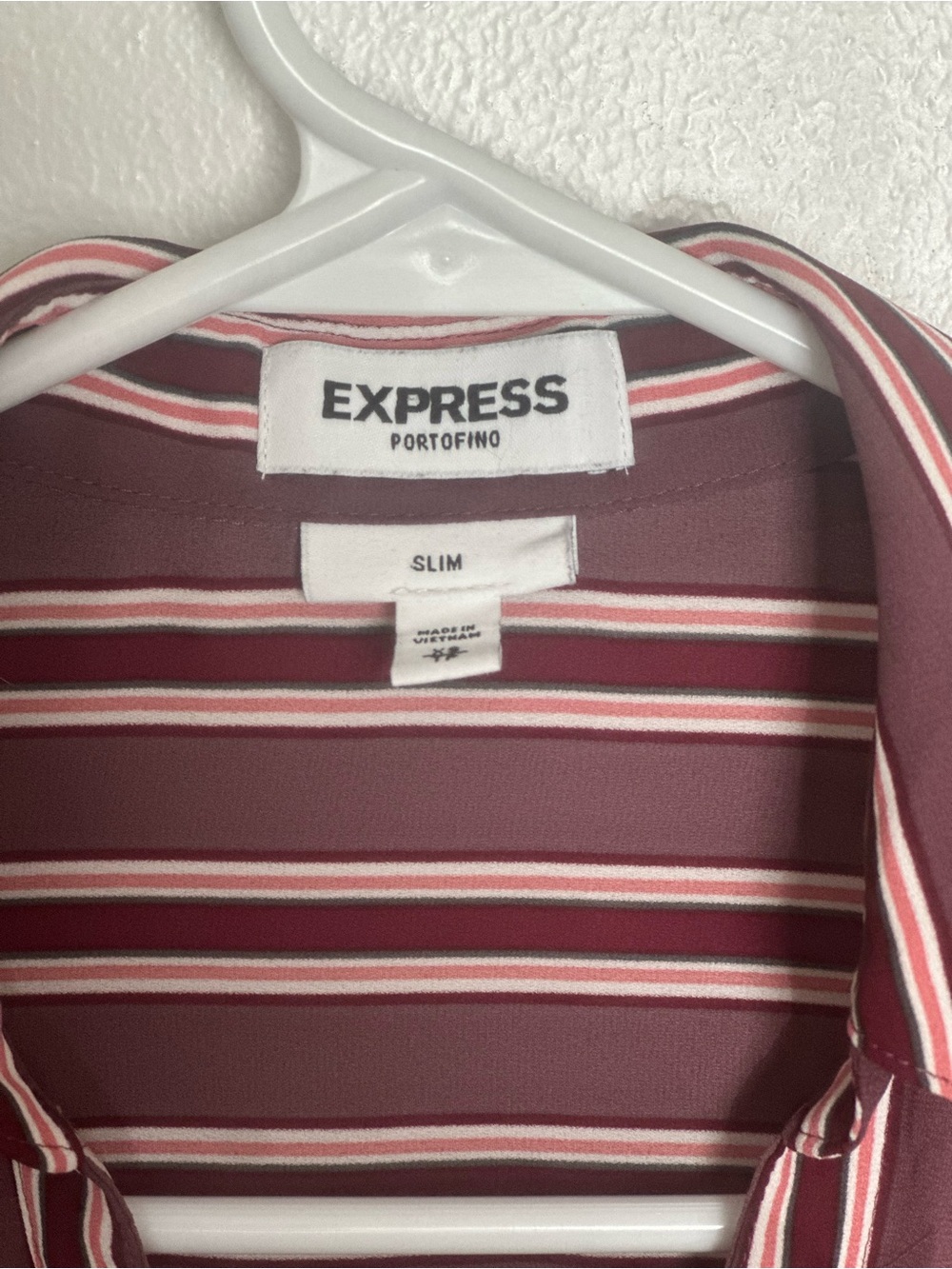 Express Portofino Slim Burgundy Shirt with White & Pink Stripes